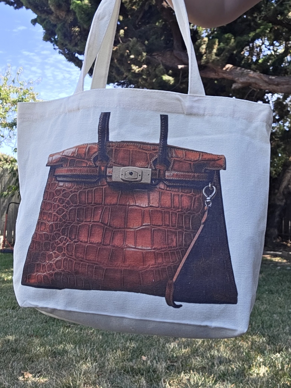 "Silly Birkin" Canvas Tote with Brown Croc-Print Handbag Graphic
